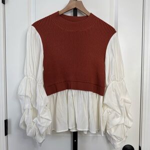 English Factory Ribbed Sweater Blouse Puff Sleeve Peplum Top Rust Cream L